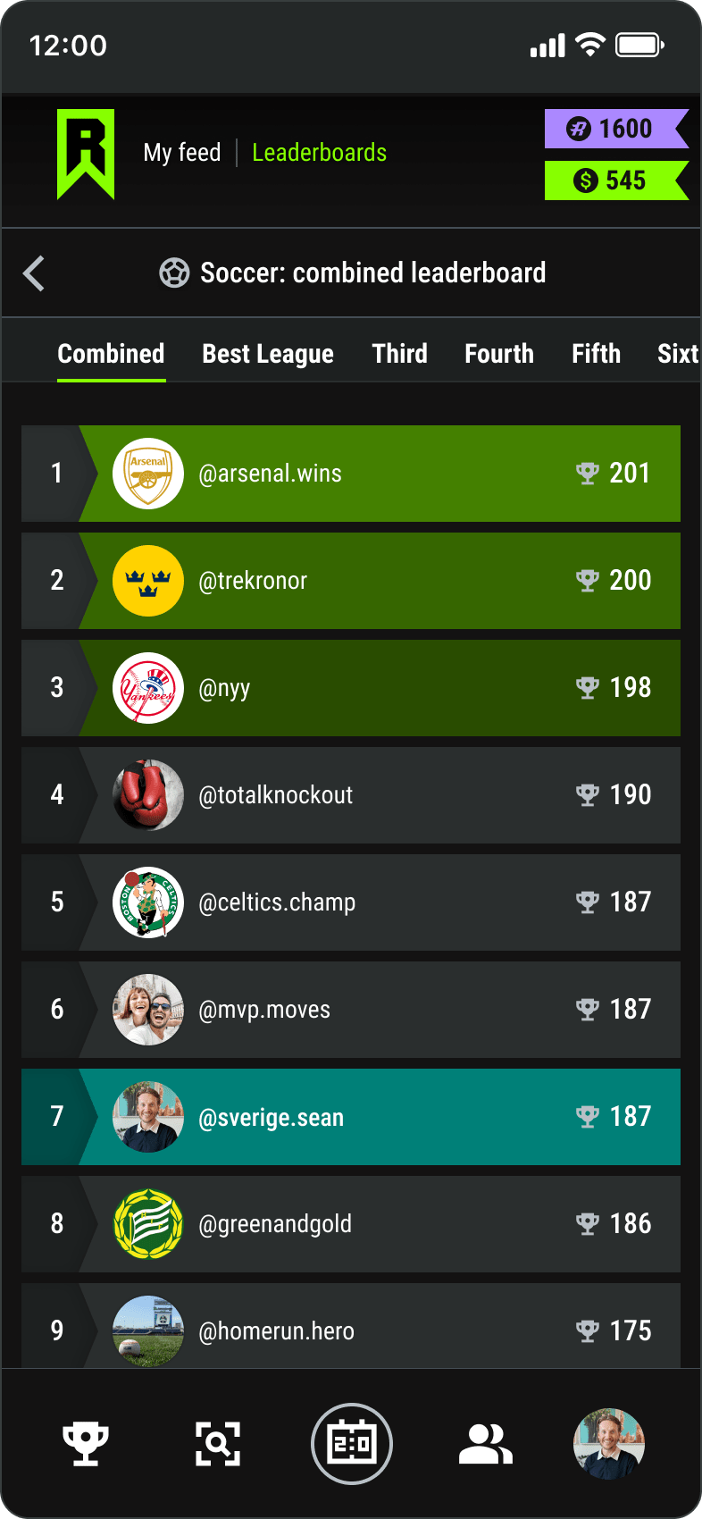 Leaderboard screen showing scores for a sport