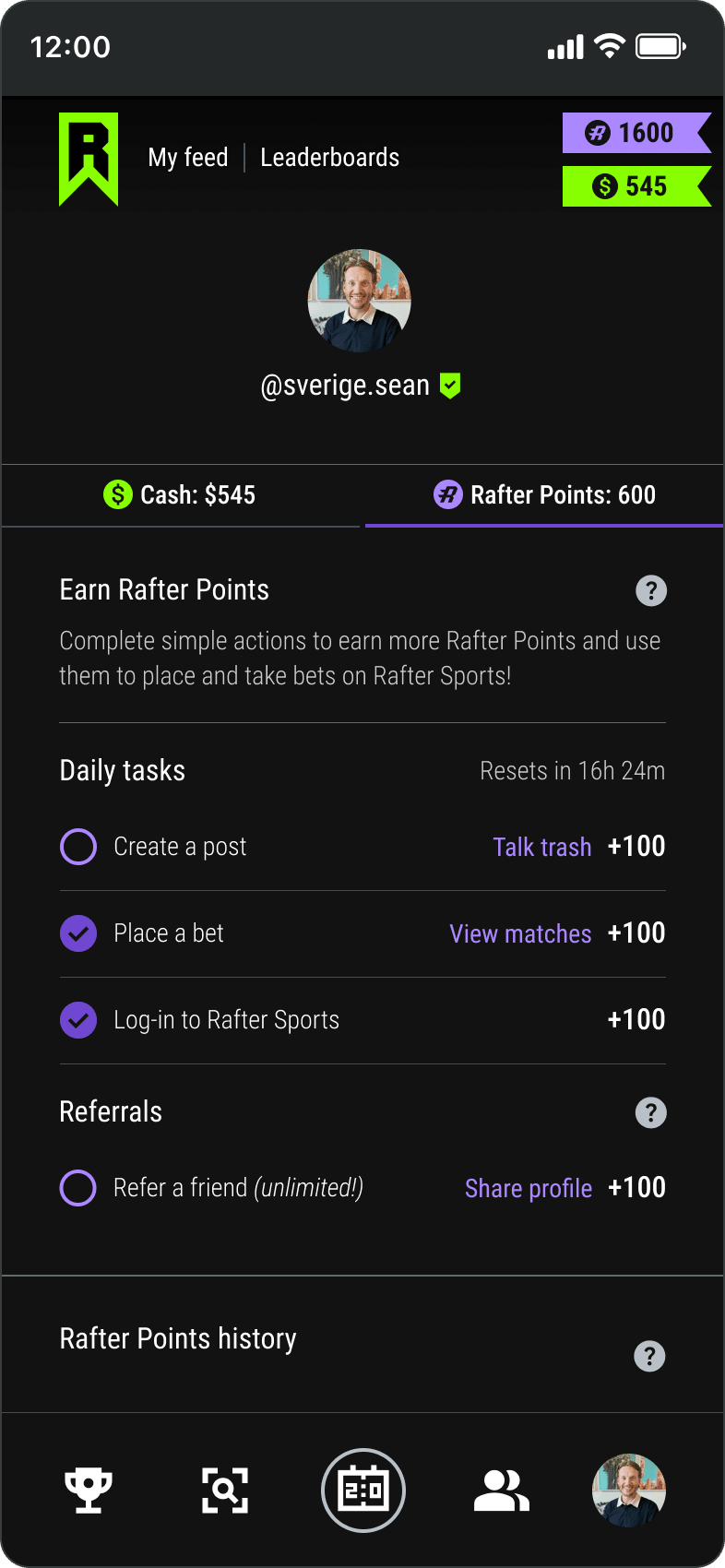 Gamification screen showing different tasks to earn credits