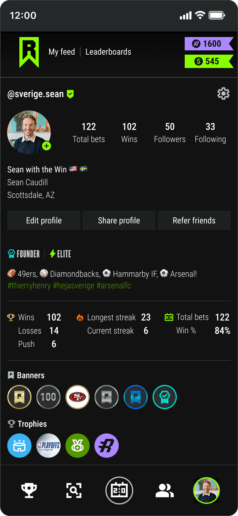 Profile page showing trophies and badges