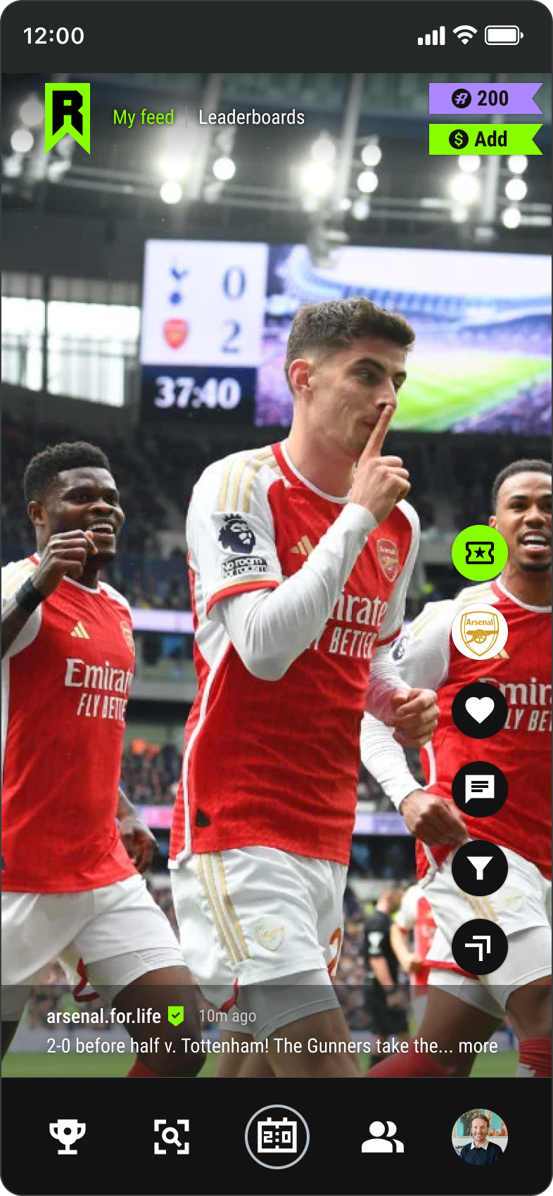 Home content screen of soccer match