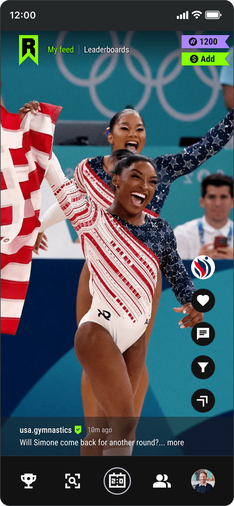 Vertical scroll content feed of gymnasts