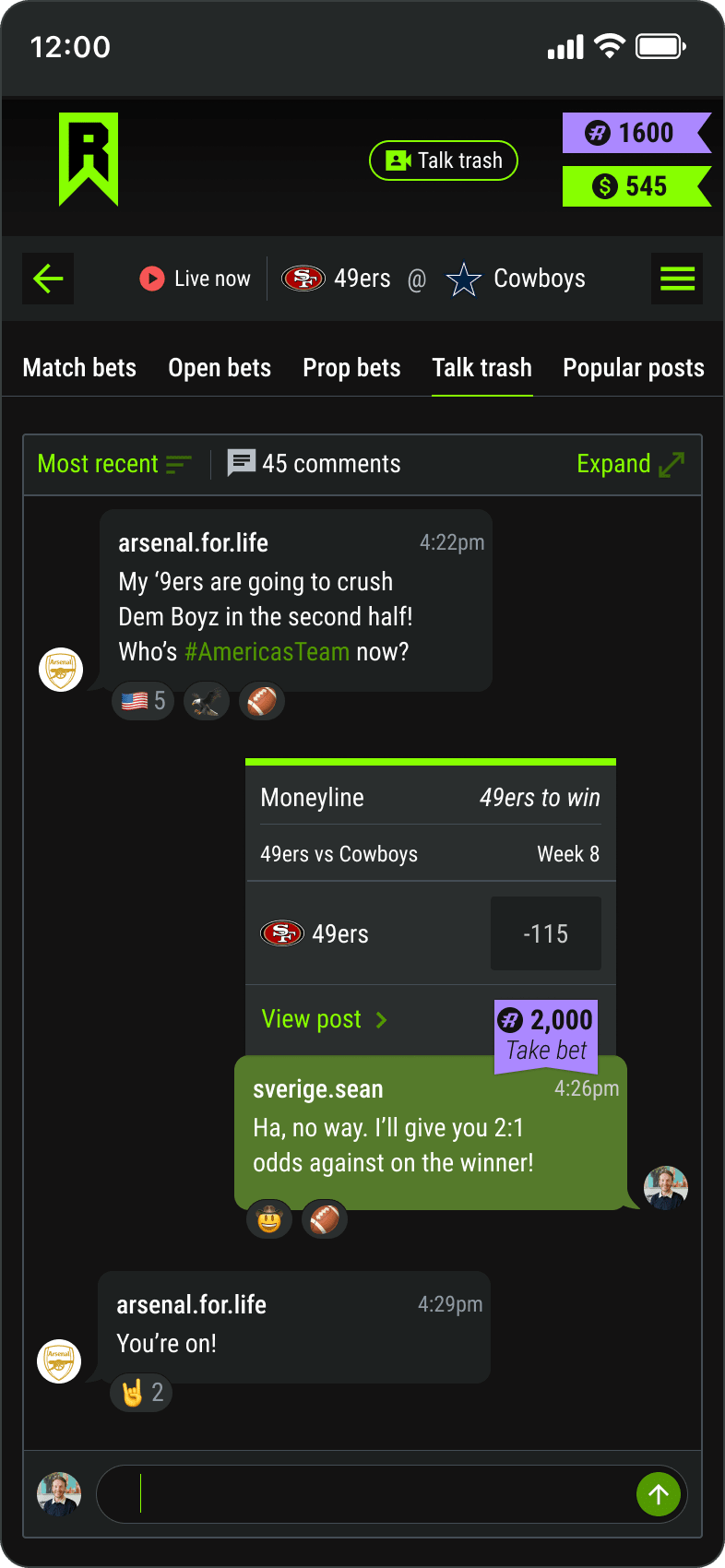 Chat screen with users suggesting a bet