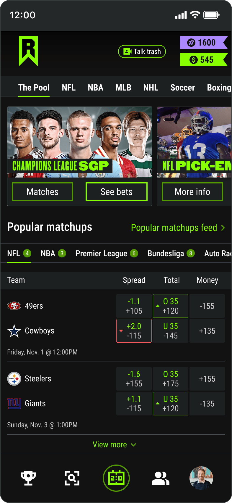 Matches home screen with available events
