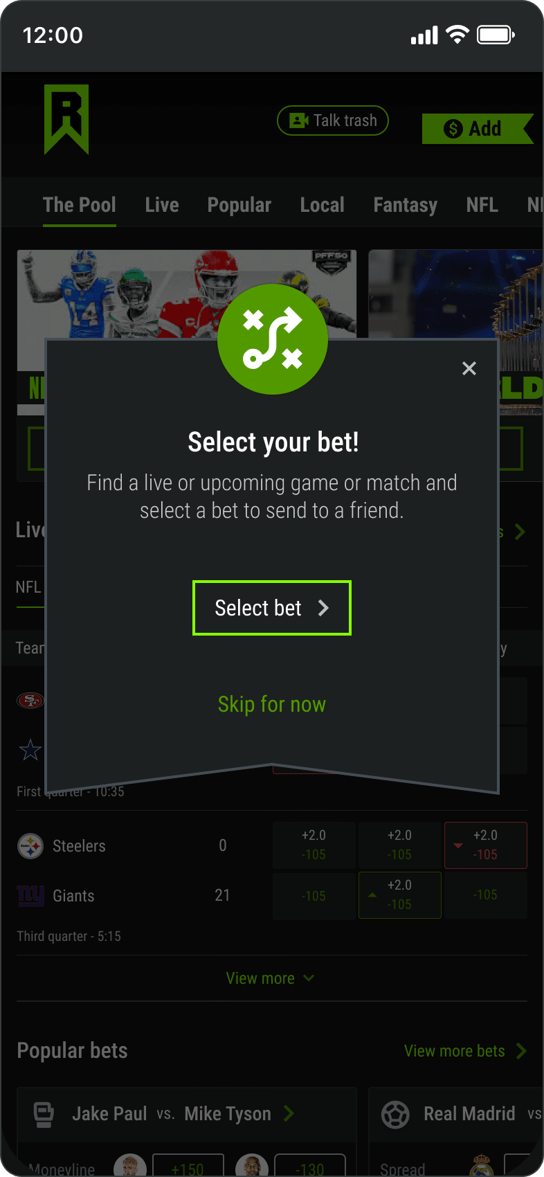 Screen showing walkthrough to select a bet